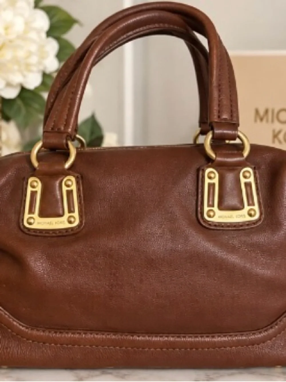 Michael Kors Brown Leather Satchel Handbag Gold Hardware